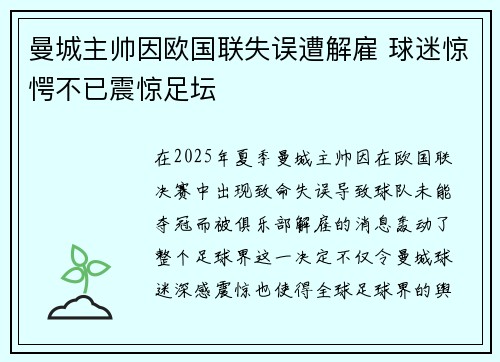 曼城主帅因欧国联失误遭解雇 球迷惊愕不已震惊足坛