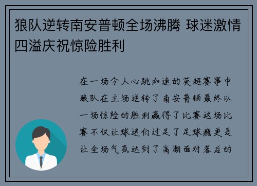 狼队逆转南安普顿全场沸腾 球迷激情四溢庆祝惊险胜利